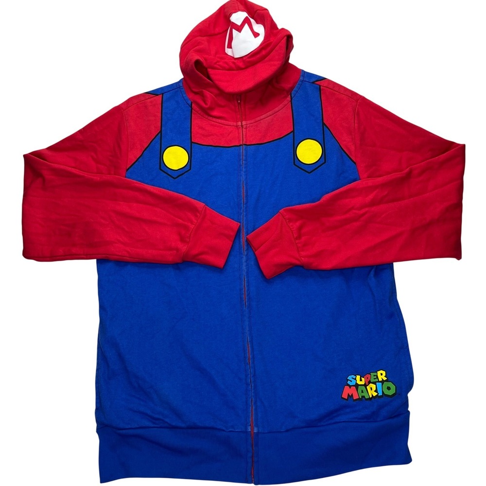 Super Mario Nintendo Hoodie Zip Up Costume Mens Medium Blue Red Fleece Cosplay